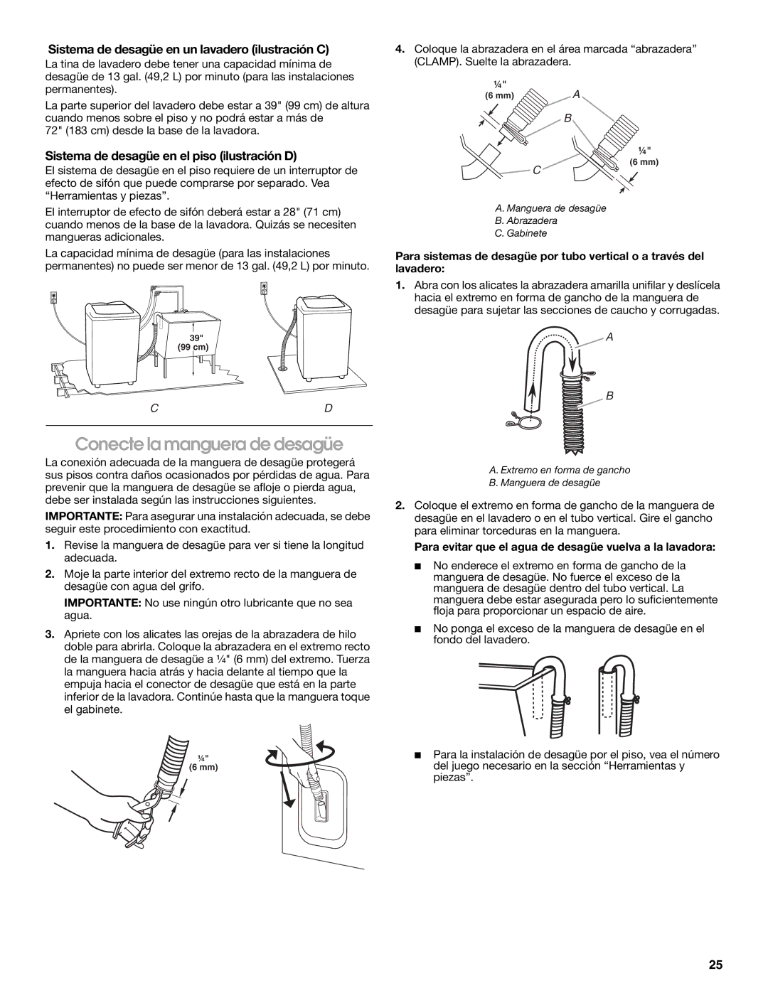 Whirlpool CAWC529PQ0 manual Conecte la manguera de desagüe, Sistema de desagüe en un lavadero ilustración C 