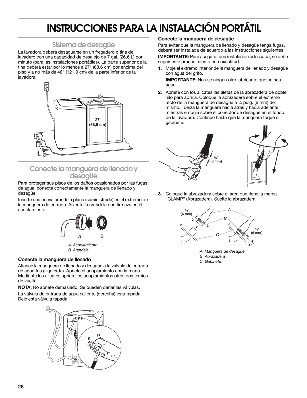 Whirlpool CAWC529PQ0 manual Instrucciones Para LA Instalación Portátil, Conecte la manguera de llenado y Desagüe 