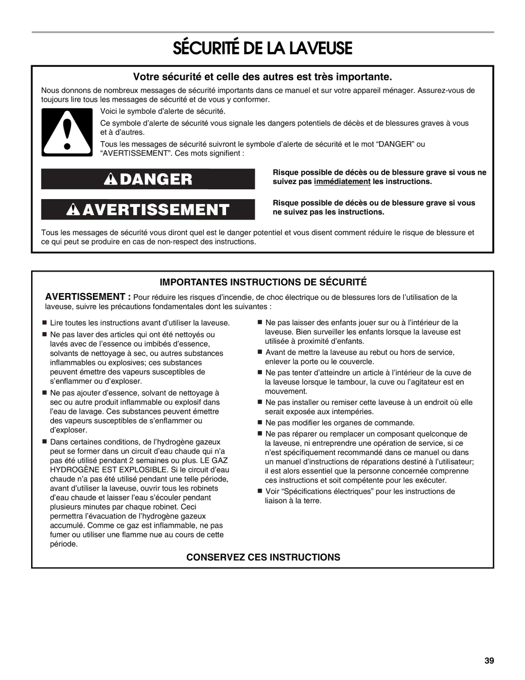 Whirlpool CAWC529PQ0 manual Sécurité DE LA Laveuse, Votre sécurité et celle des autres est très importante 