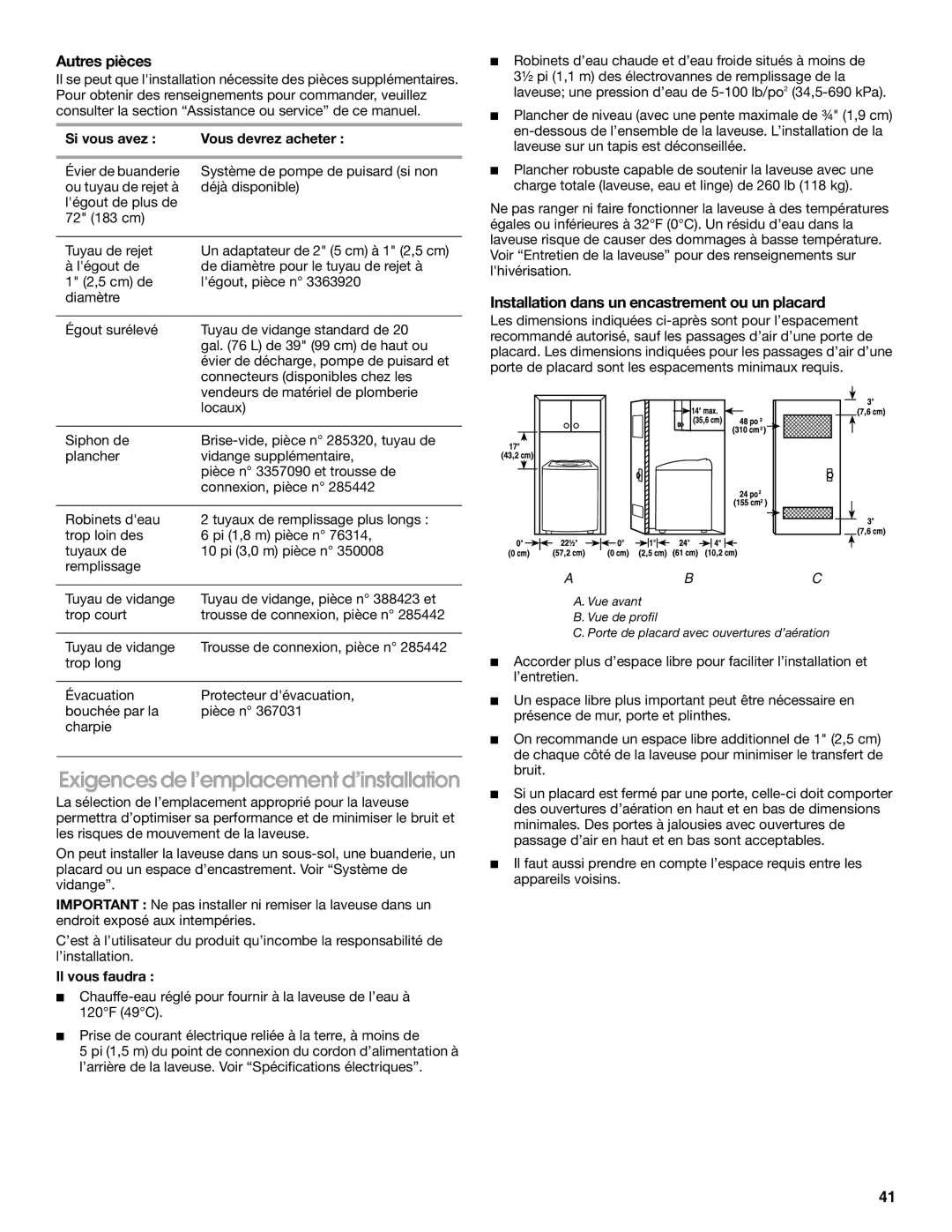 Whirlpool CAWC529PQ0 manual Exigences de l’emplacement d’installation, Autres pièces, Si vous avez Vous devrez acheter 