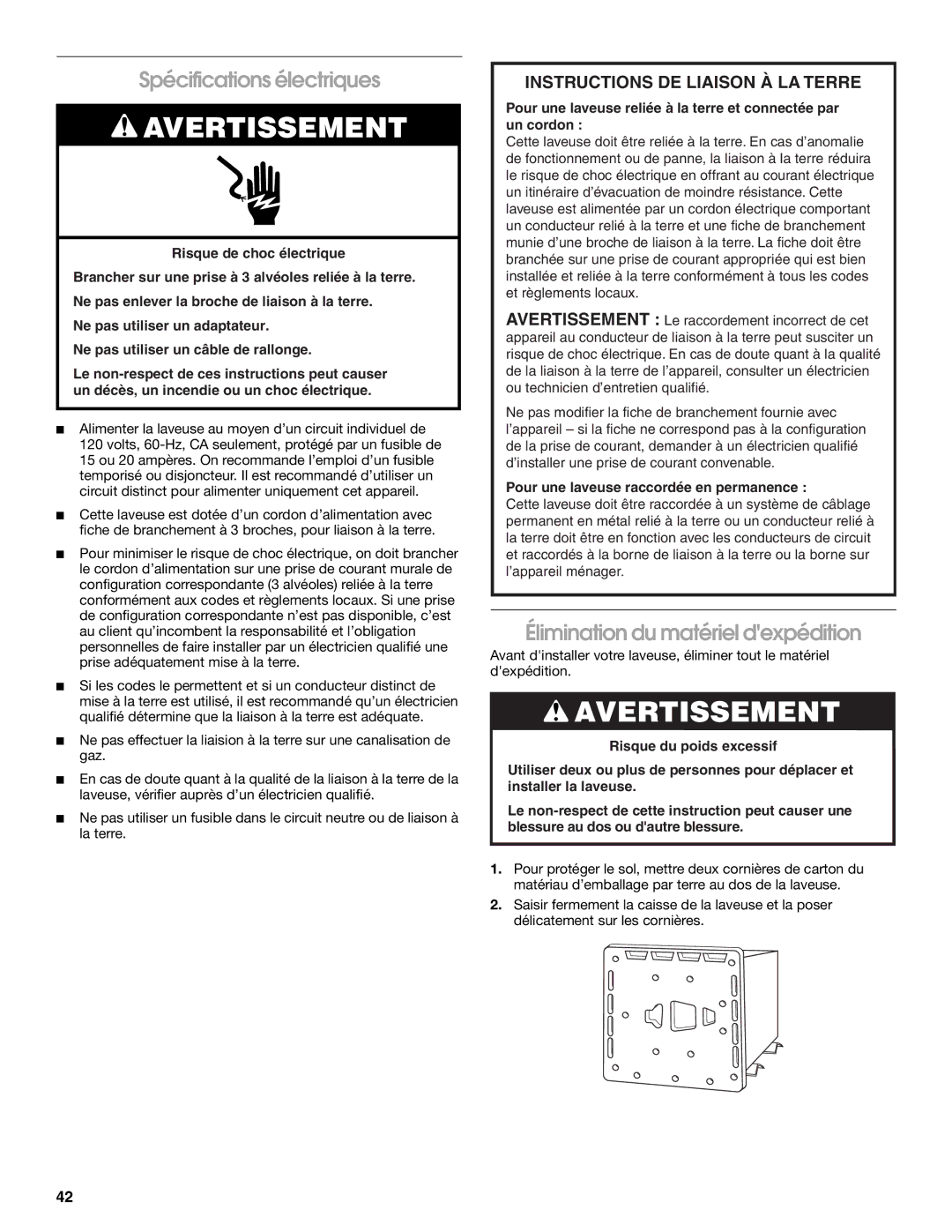 Whirlpool CAWC529PQ0 manual Spécifications électriques, Élimination du matériel dexpédition 