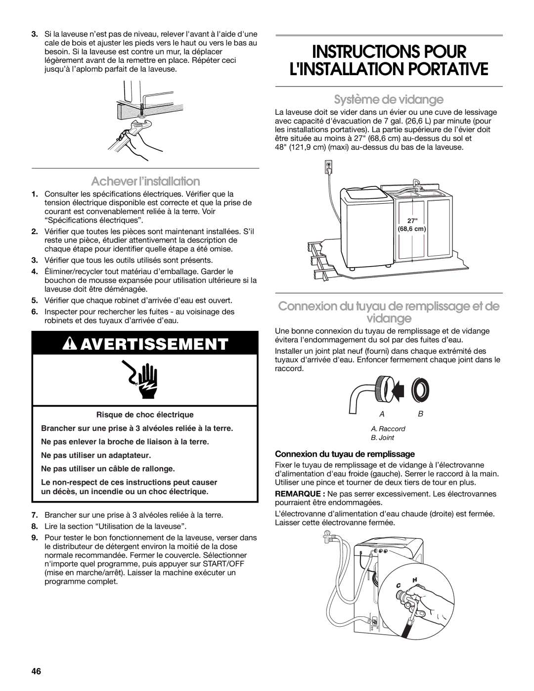 Whirlpool CAWC529PQ0 Instructions Pour Linstallation Portative, Achever l’installation, Connexion du tuyau de remplissage 