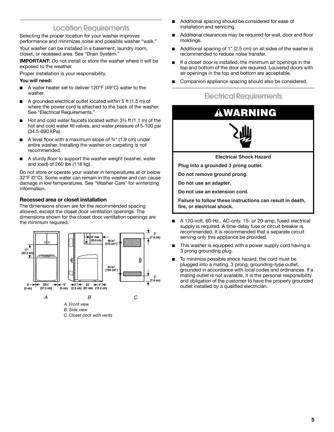 Whirlpool CAWC529PQ0 Location Requirements, Electrical Requirements, Recessed area or closet installation, You will need 