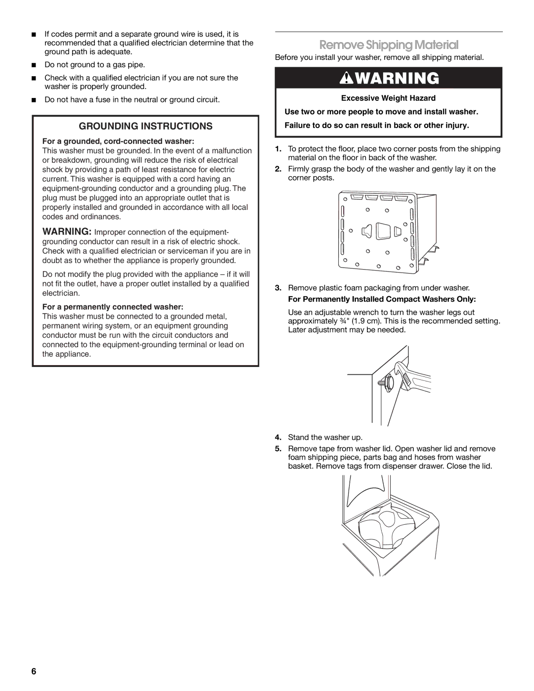 Whirlpool CAWC529PQ0 manual Remove Shipping Material, For Permanently Installed Compact Washers Only 