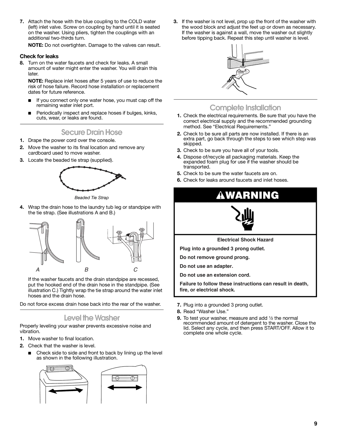 Whirlpool CAWC529PQ0 manual Secure Drain Hose, Level the Washer, Complete Installation, Check for leaks 