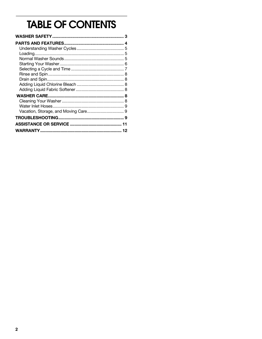 Whirlpool CAWX629JQ1 manual Table of Contents 