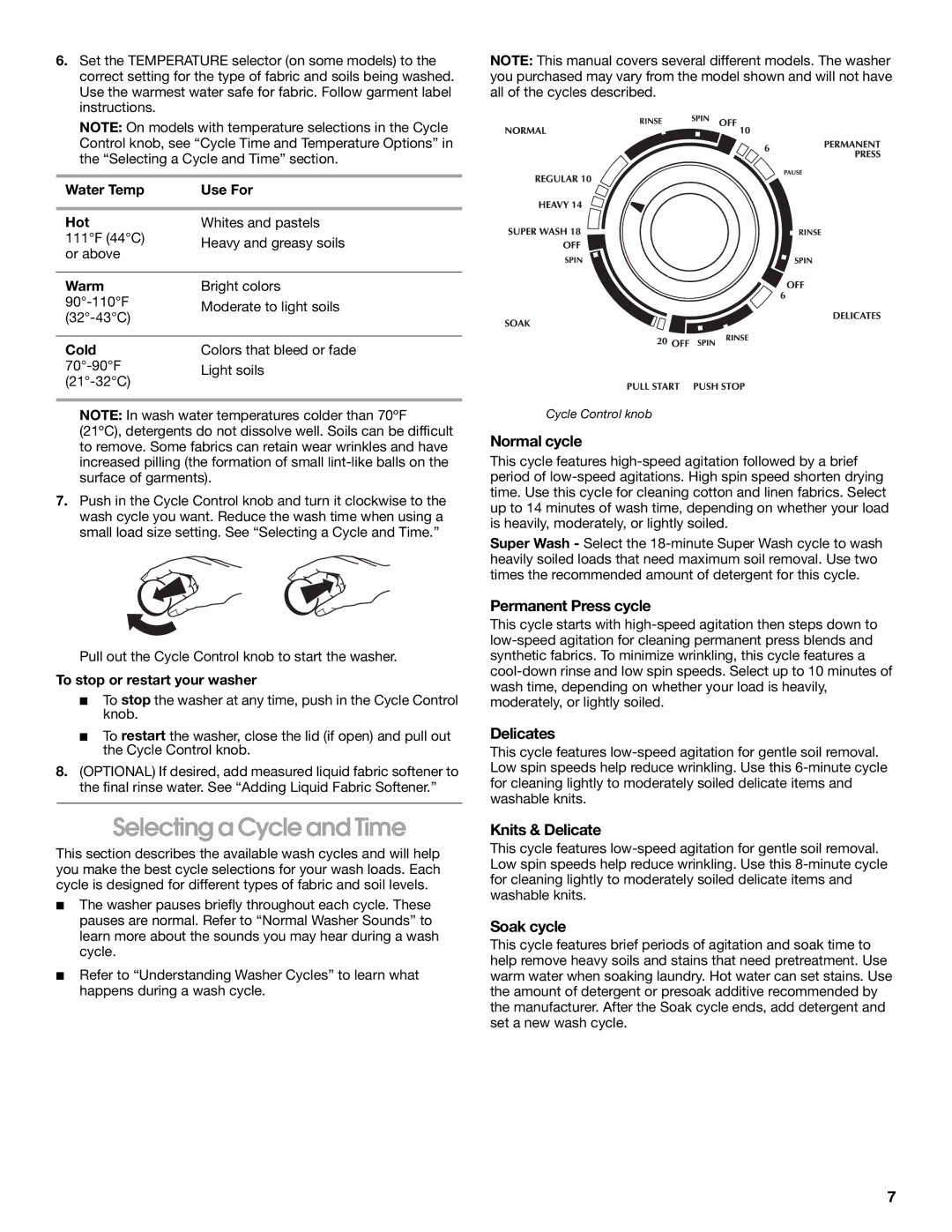 Whirlpool CAWX629JQ1 manual Selecting a Cycle and Time 