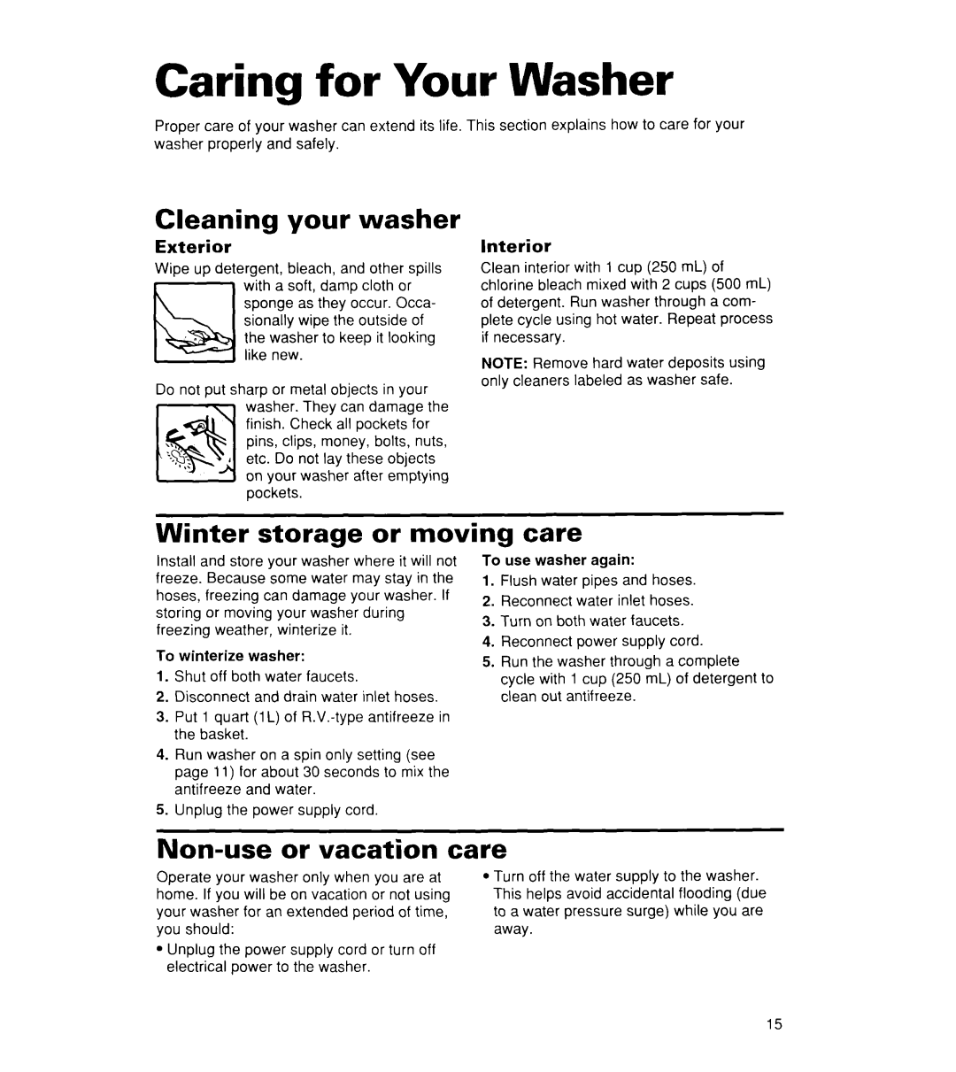 Whirlpool CCW5264EW0 Caring for Your Washer, Cleaning your washer, Winter storage or moving care, Non-use or vacation care 