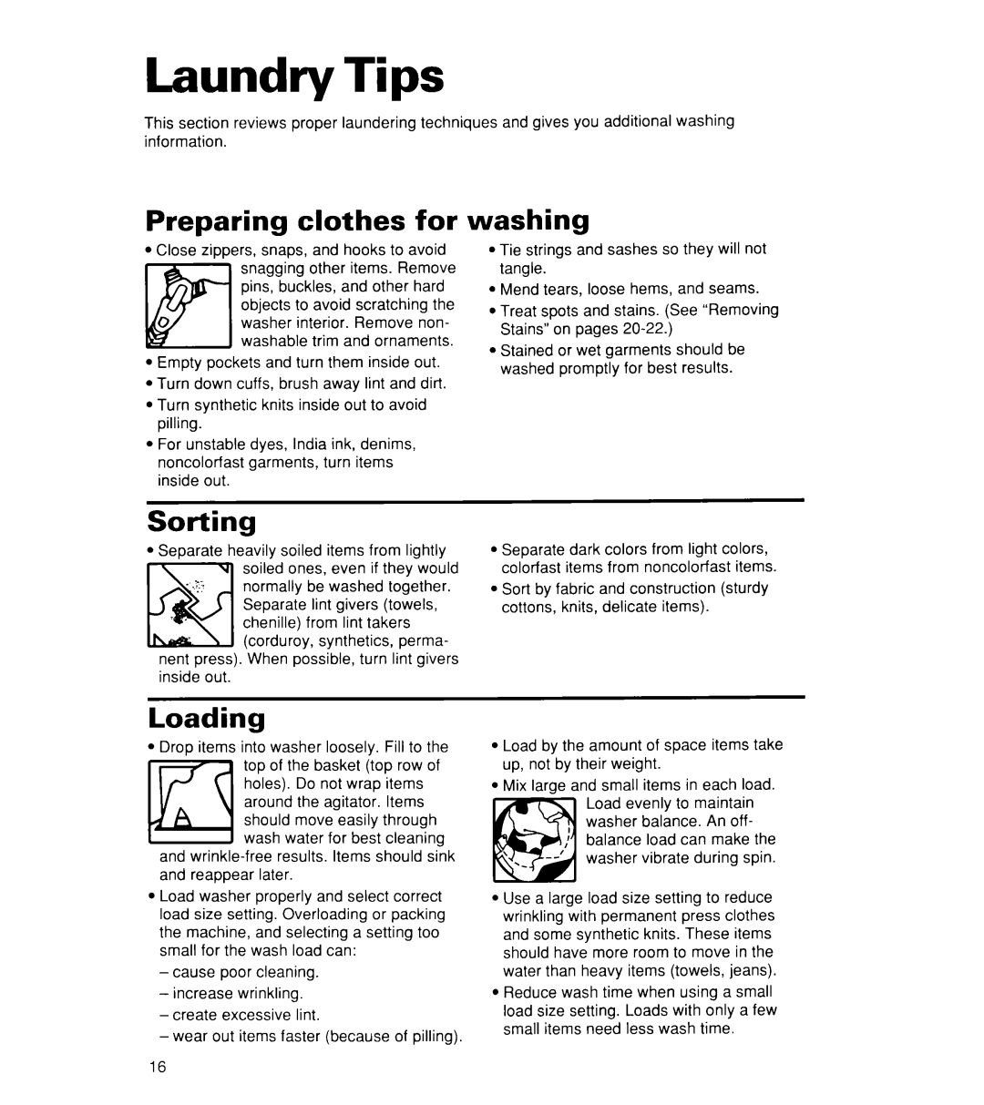 Whirlpool CCW5264EW0 warranty Laundry Tips, Preparing clothes for, Washing, Sorting, Loading 