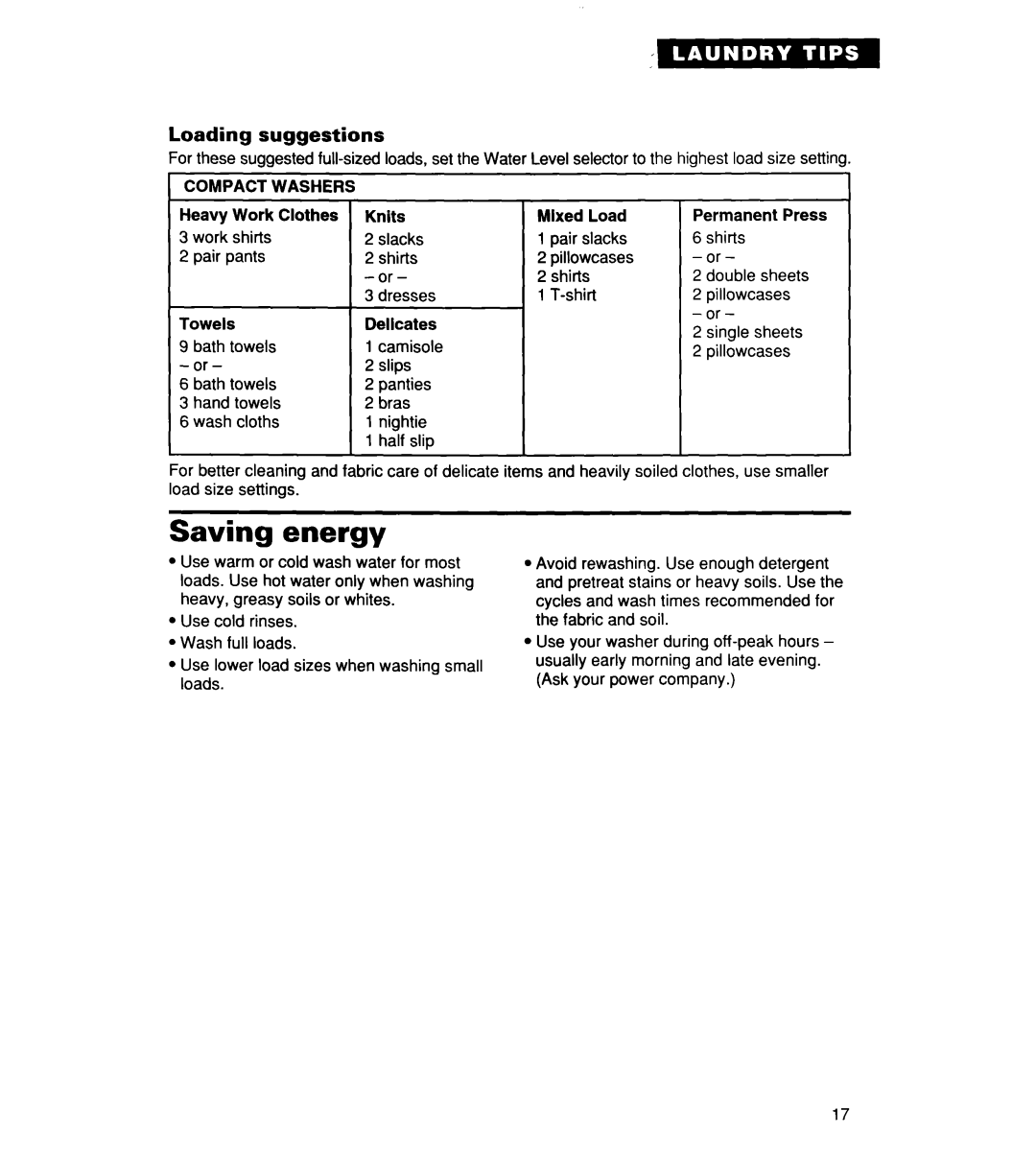 Whirlpool CCW5264EW0 warranty Saving energy, Loading suggestions, Towels Dellcates 