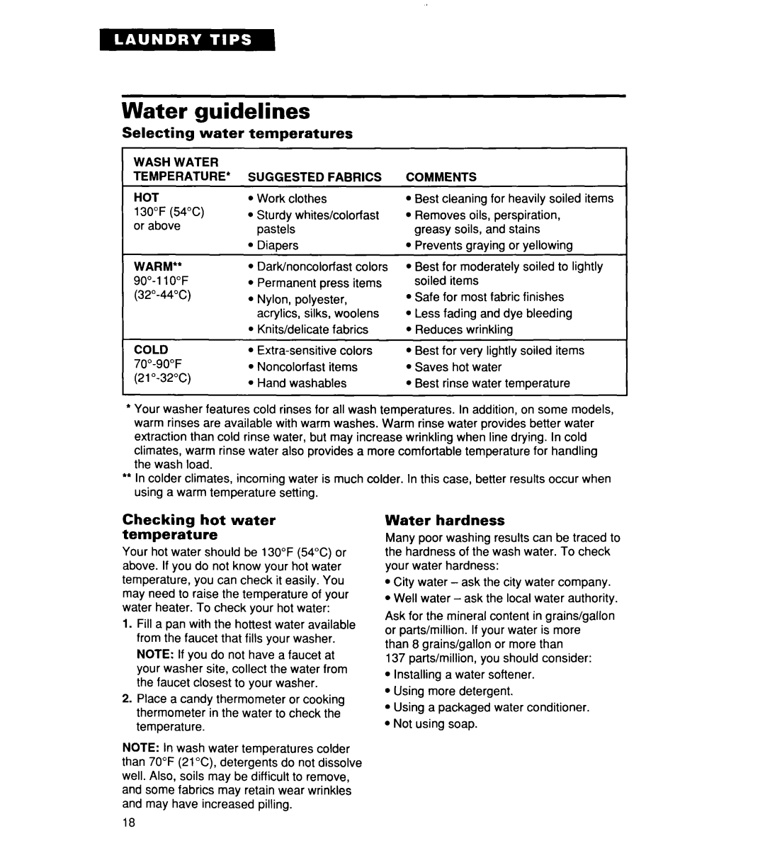 Whirlpool CCW5264EW0 Water guidelines, Selecting water temperatures, Checking hot water temperature, Water hardness 