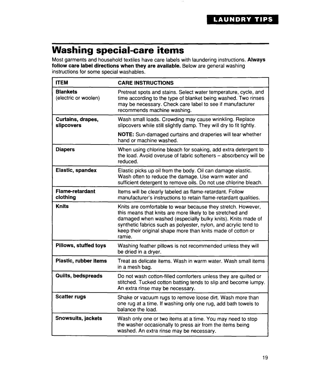 Whirlpool CCW5264EW0 warranty Washing special-care items, Curtains, drapes, slipcovers Diapers Elastic, spandex 