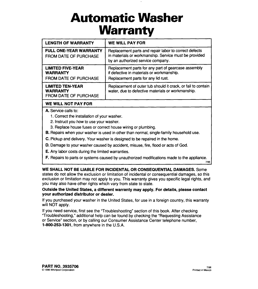 Whirlpool CCW5264EW0 Automatic Washer Warranty, Length of Warranty Full ONE-YEAR Warranty, Limited FIVE-YEAR Warranty 