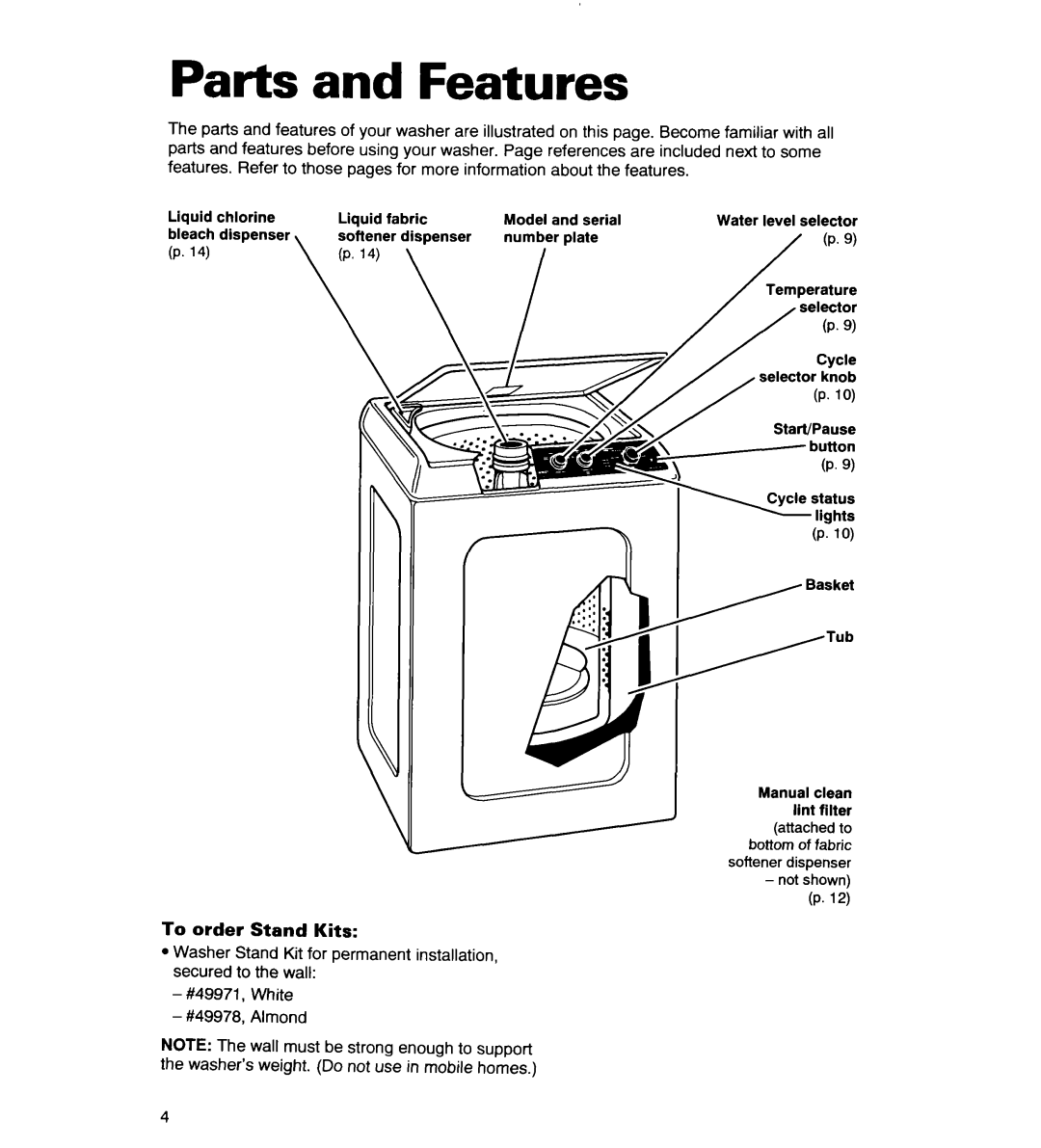 Whirlpool CCW5264EW0 warranty Parts and Features, To order Stand Kits 