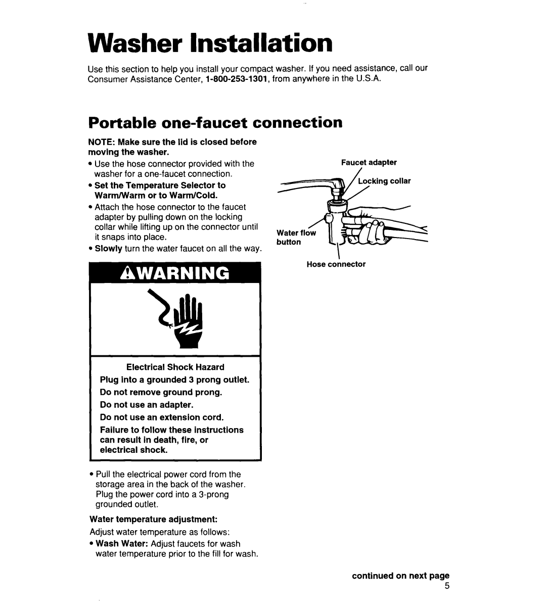 Whirlpool CCW5264EW0 warranty Washer Installation, Portable One-faucet Connection 