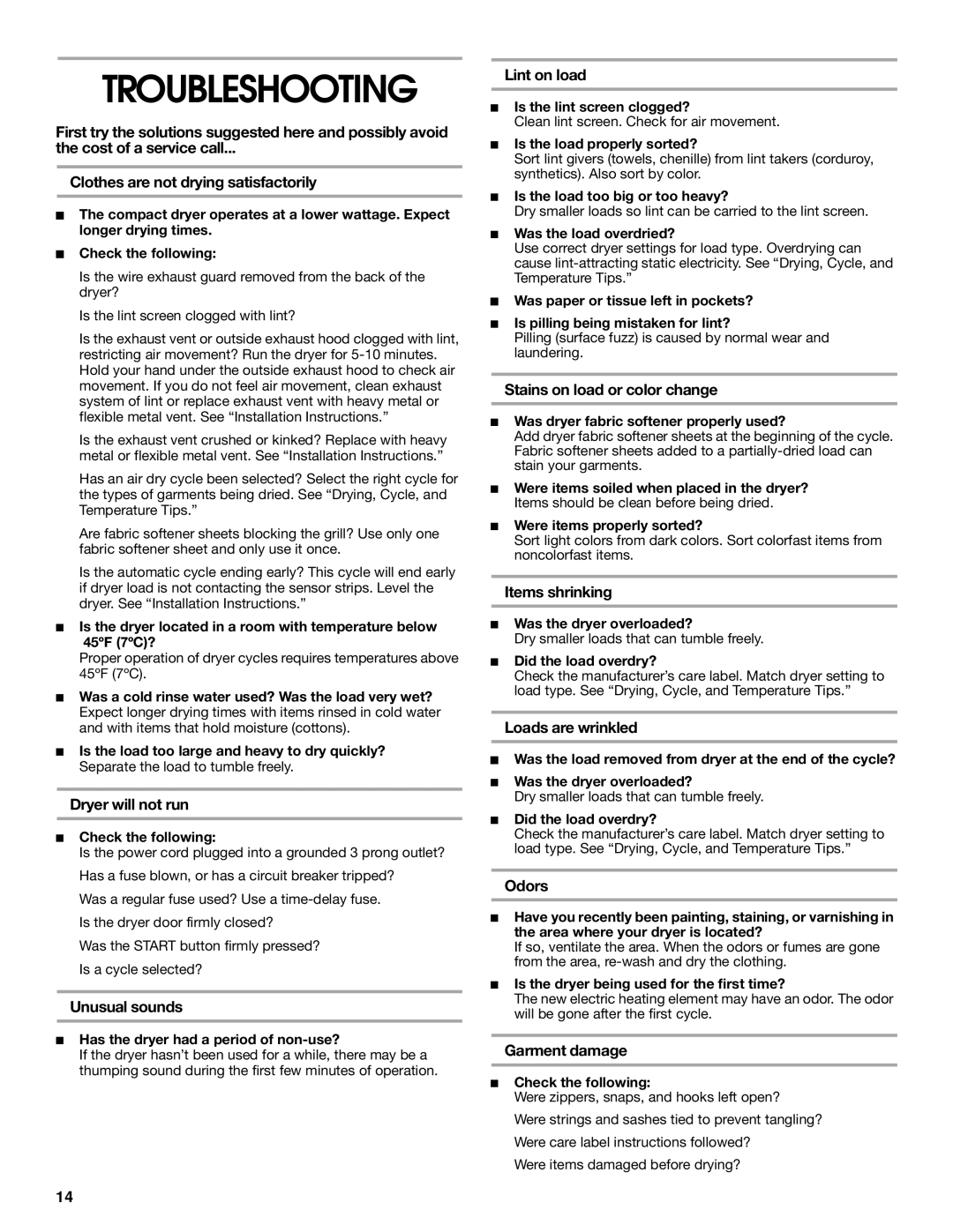 Whirlpool CEDC392JQ0 manual Troubleshooting 