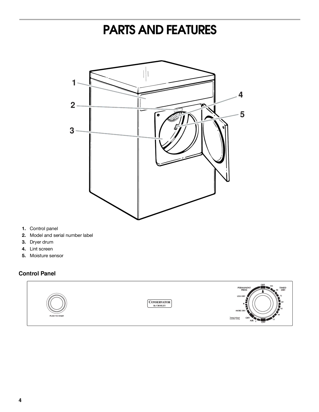 Whirlpool CEDC392JQ0 manual Parts and Features 