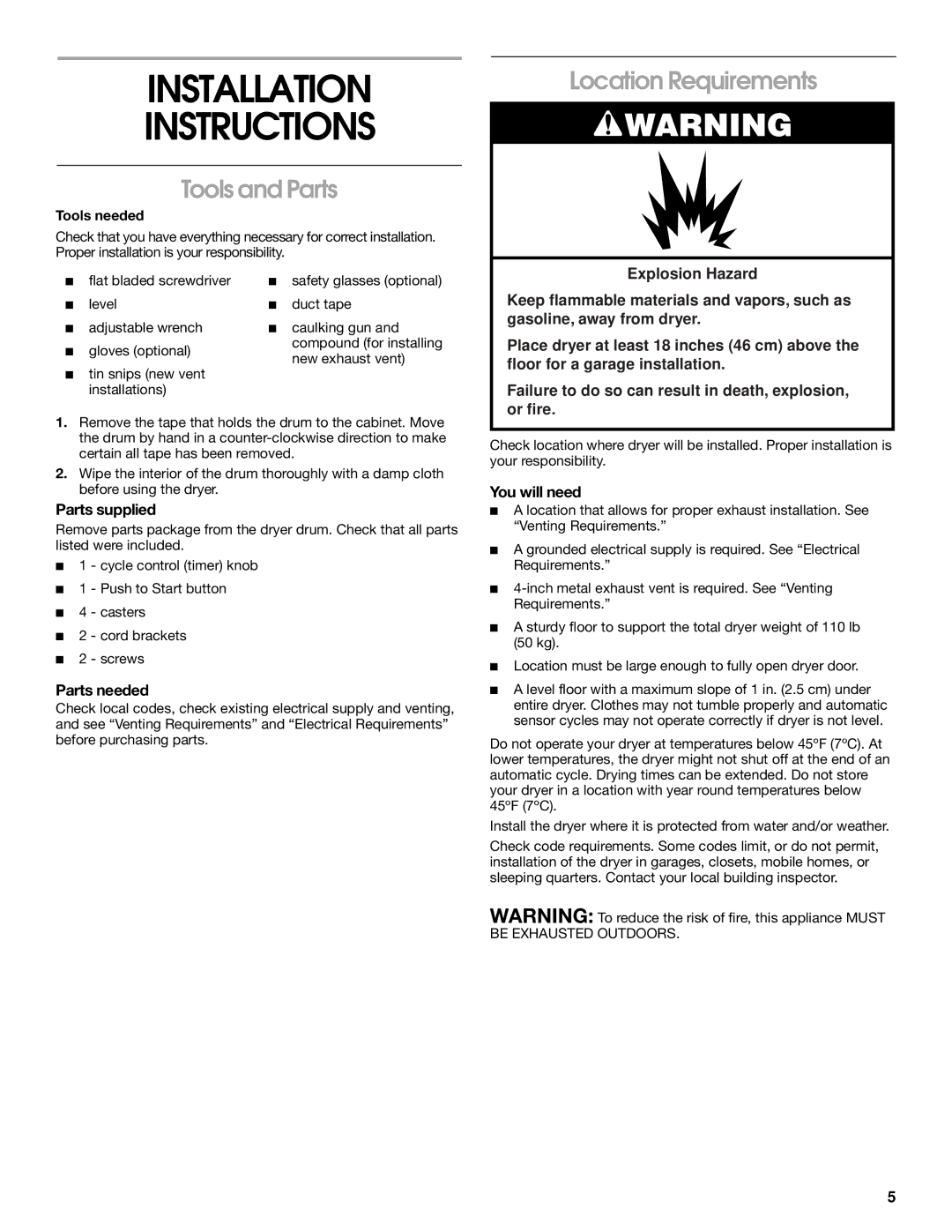 Whirlpool CEDC392JQ0 manual Installation Instructions, Tools and Parts, Location Requirements 