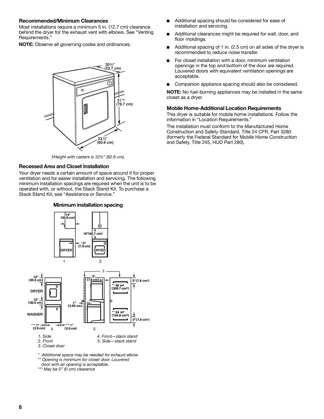 Whirlpool CEDC392JQ0 Recommended/Minimum Clearances, Recessed Area and Closet Installation, Minimum installation spacing 