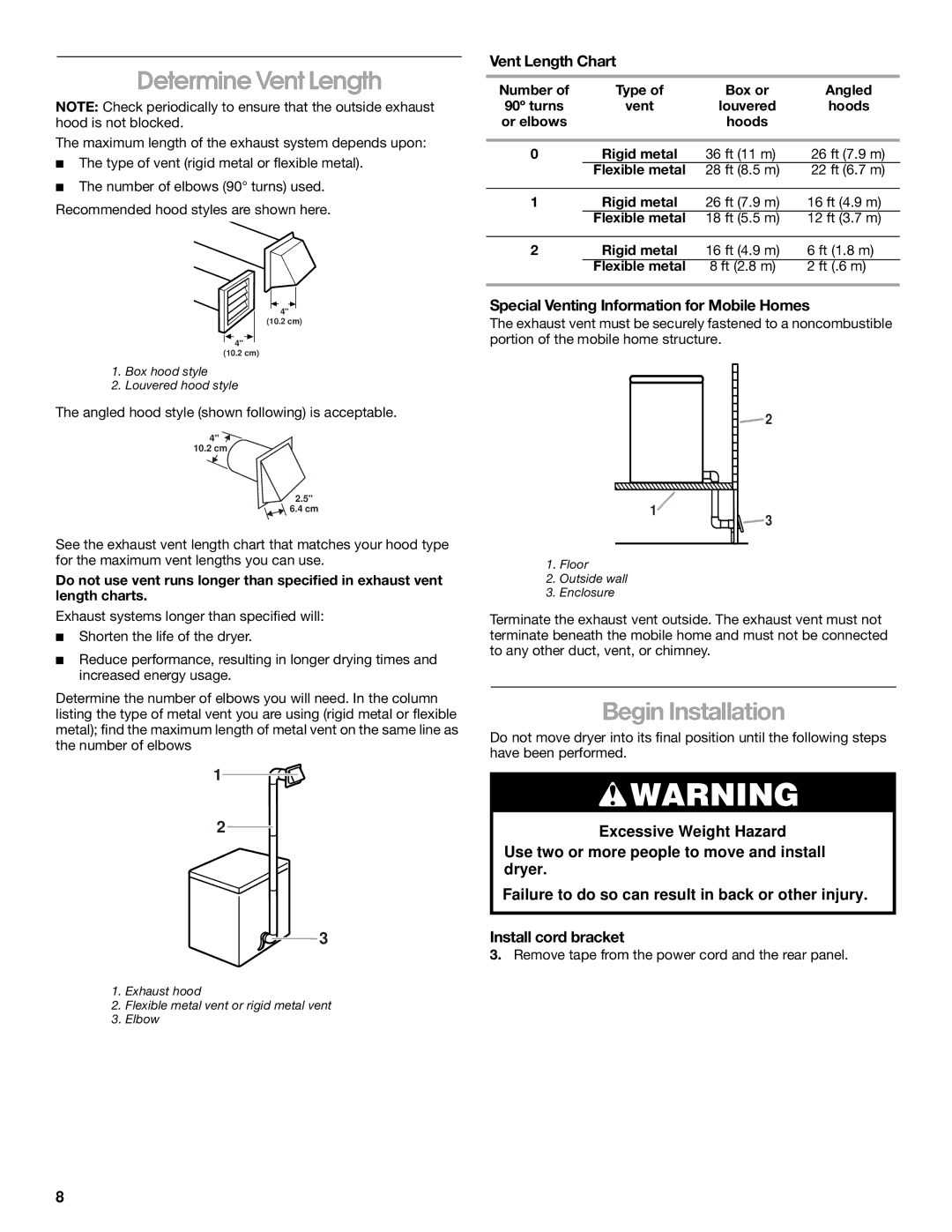 Whirlpool CEDC392JQ0 manual Determine Vent Length, Vent Length Chart, Special Venting Information for Mobile Homes 