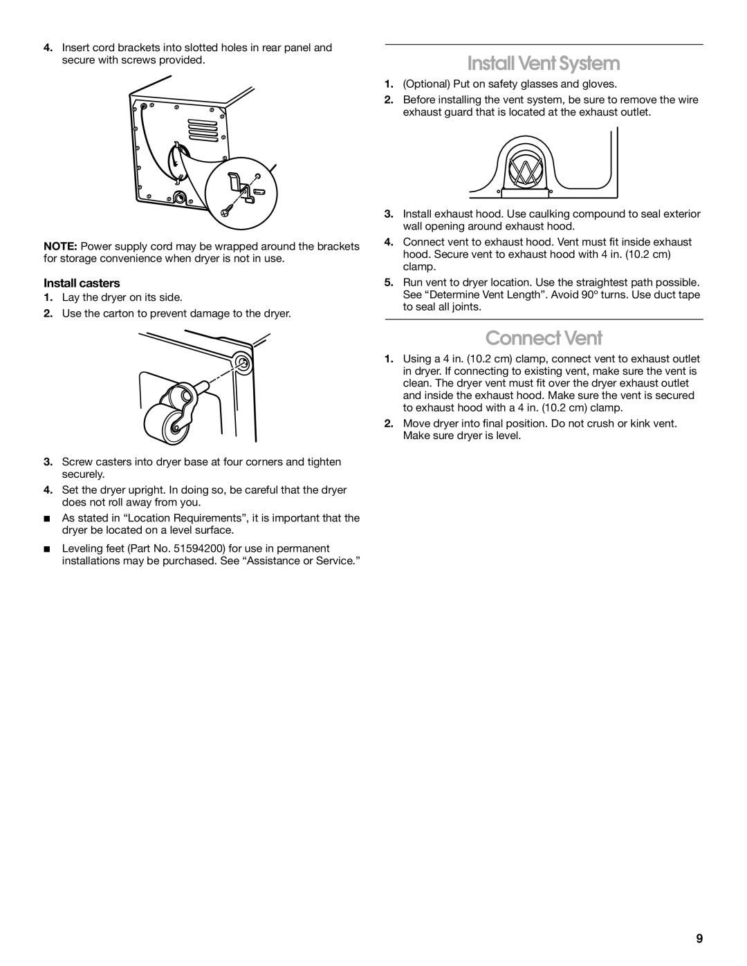 Whirlpool CEDC392JQ0 manual Install Vent System, Connect Vent, Install casters 