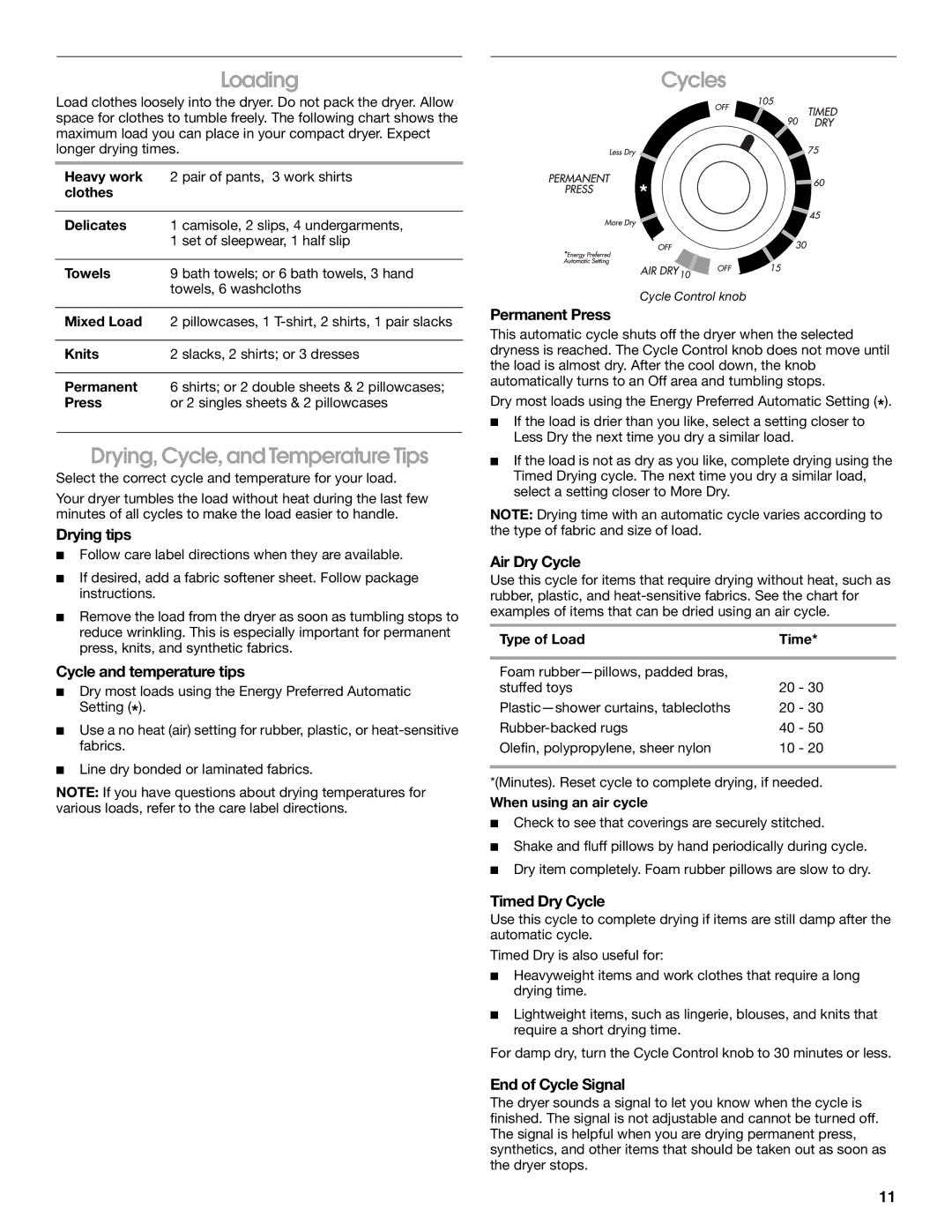 Whirlpool CEDC392PQ0 manual Loading, Drying, Cycle, and Temperature Tips, Cycles 