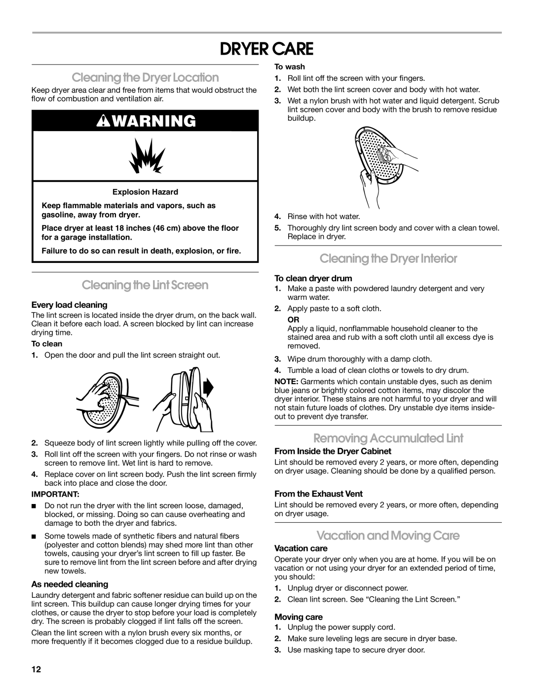 Whirlpool CEDC392PQ0 manual Dryer Care 