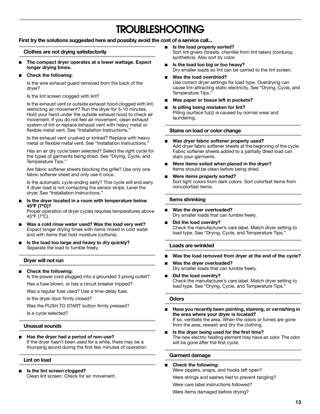 Whirlpool CEDC392PQ0 manual Troubleshooting 