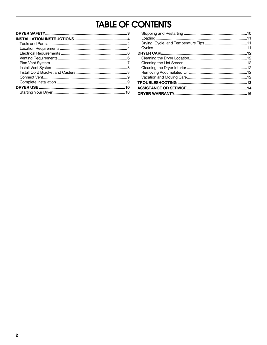 Whirlpool CEDC392PQ0 manual Table of Contents 