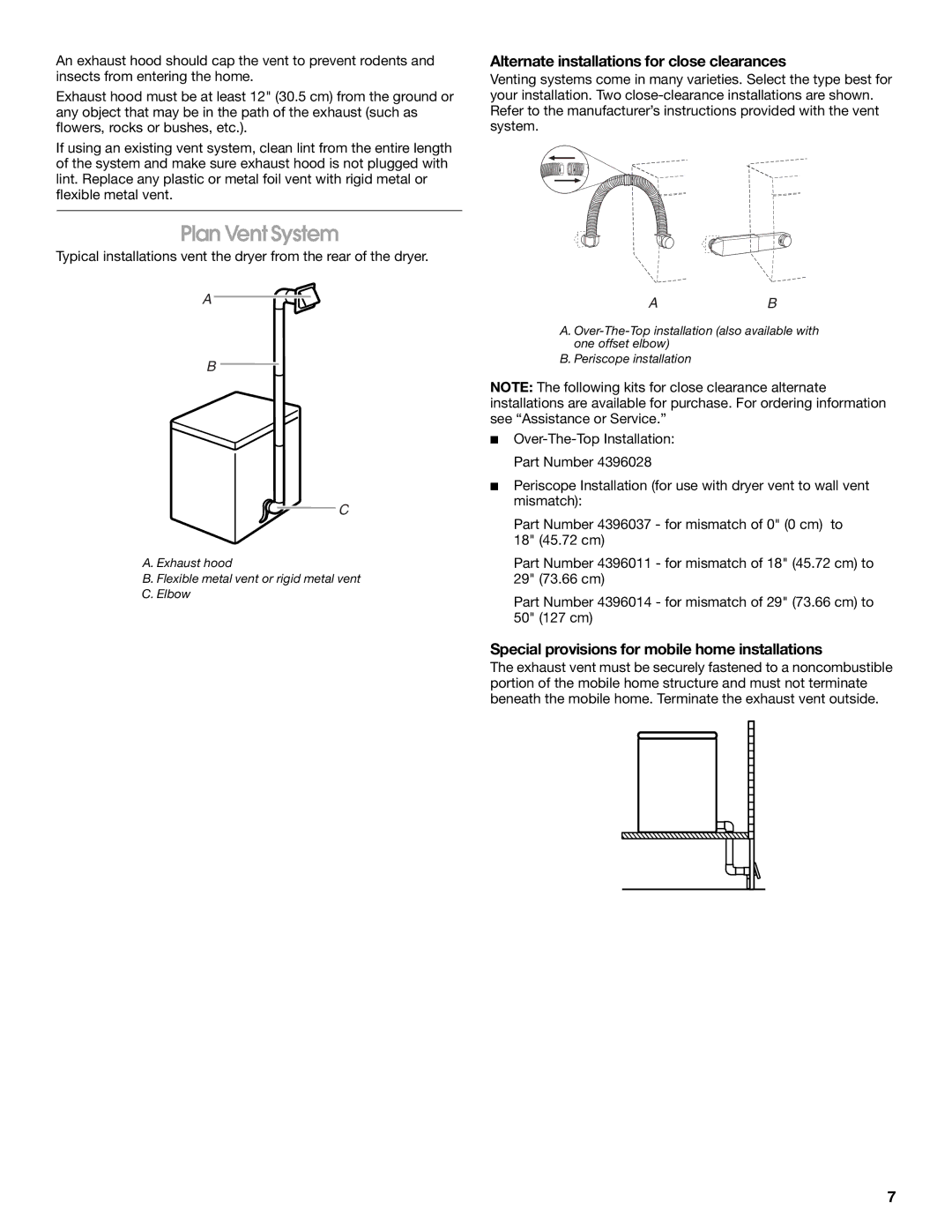 Whirlpool CEDC392PQ0 manual Plan Vent System, Alternate installations for close clearances 