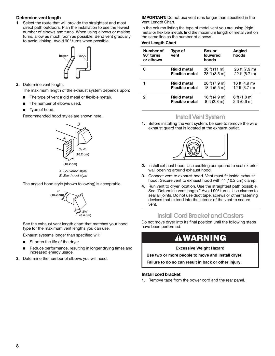 Whirlpool CEDC392PQ0 Install Vent System, Install Cord Bracket and Casters, Determine vent length, Install cord bracket 