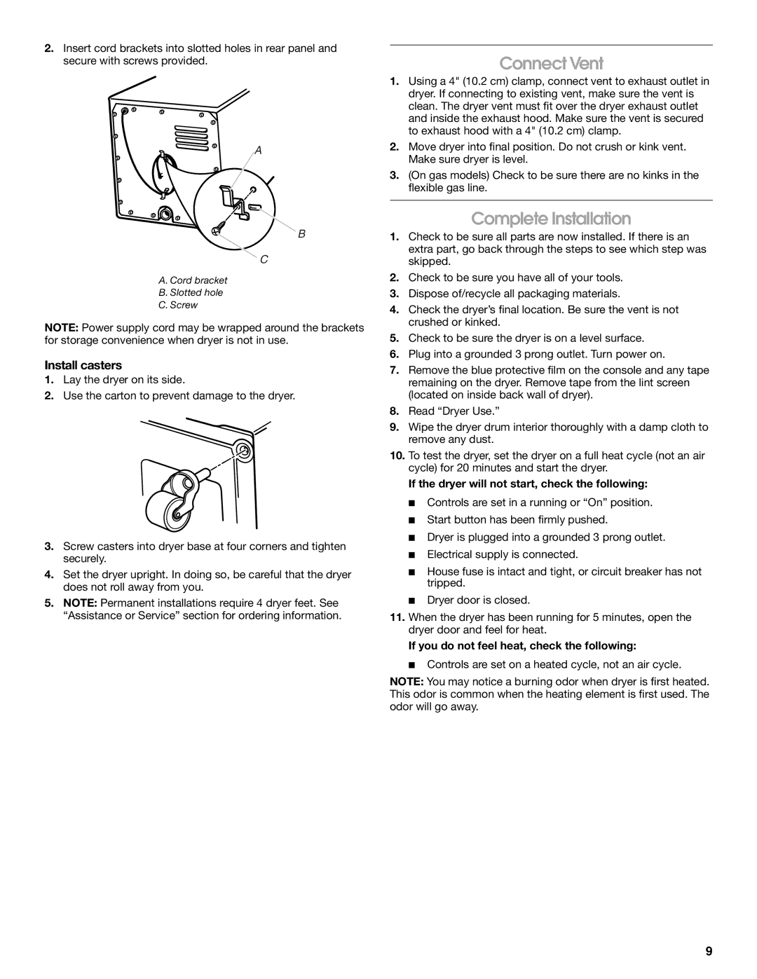 Whirlpool CEDC392PQ0 Connect Vent, Complete Installation, Install casters, If you do not feel heat, check the following 