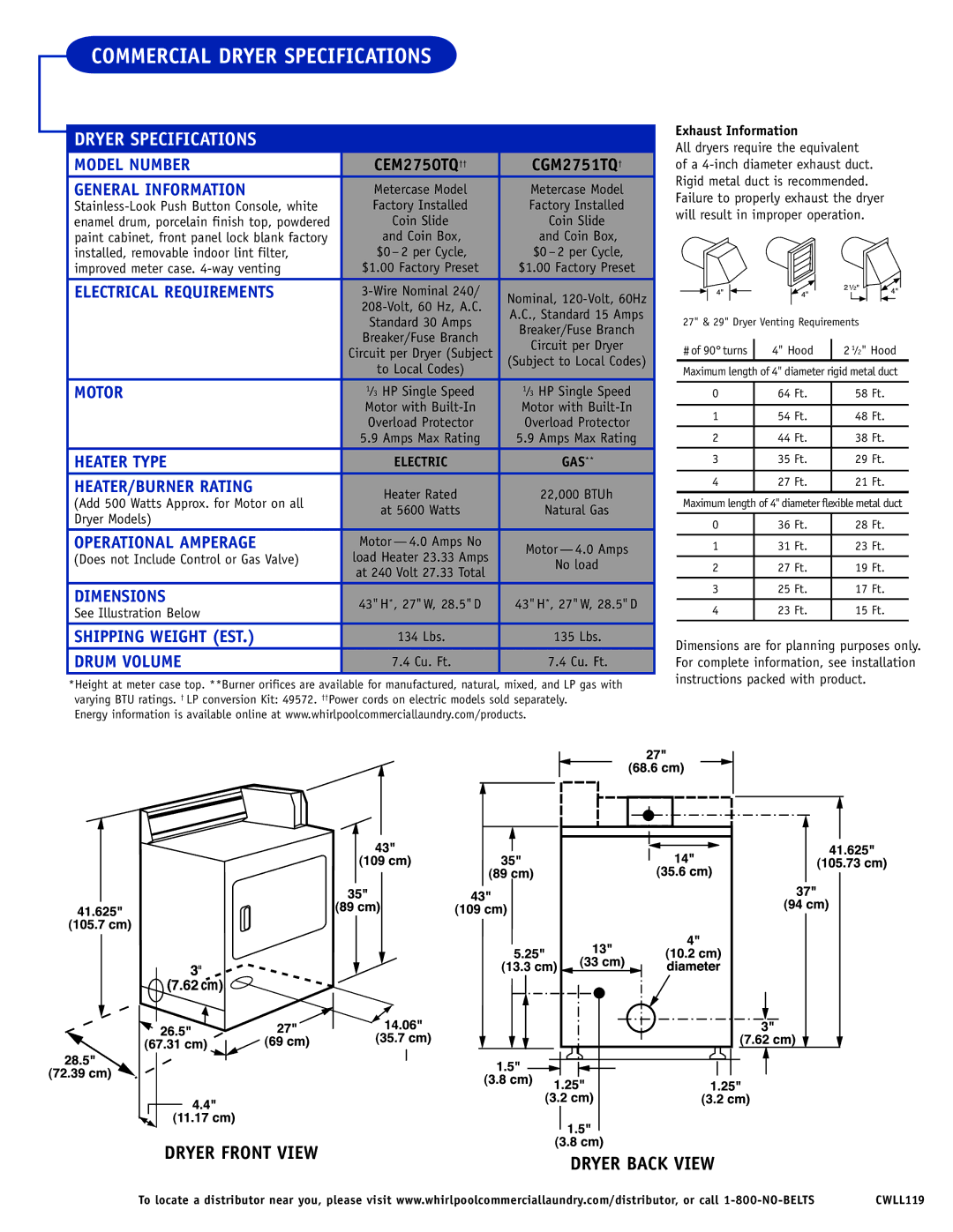 Whirlpool CEM2750TQ, CGM2751TQ warranty Commercial Dryer Specifications 