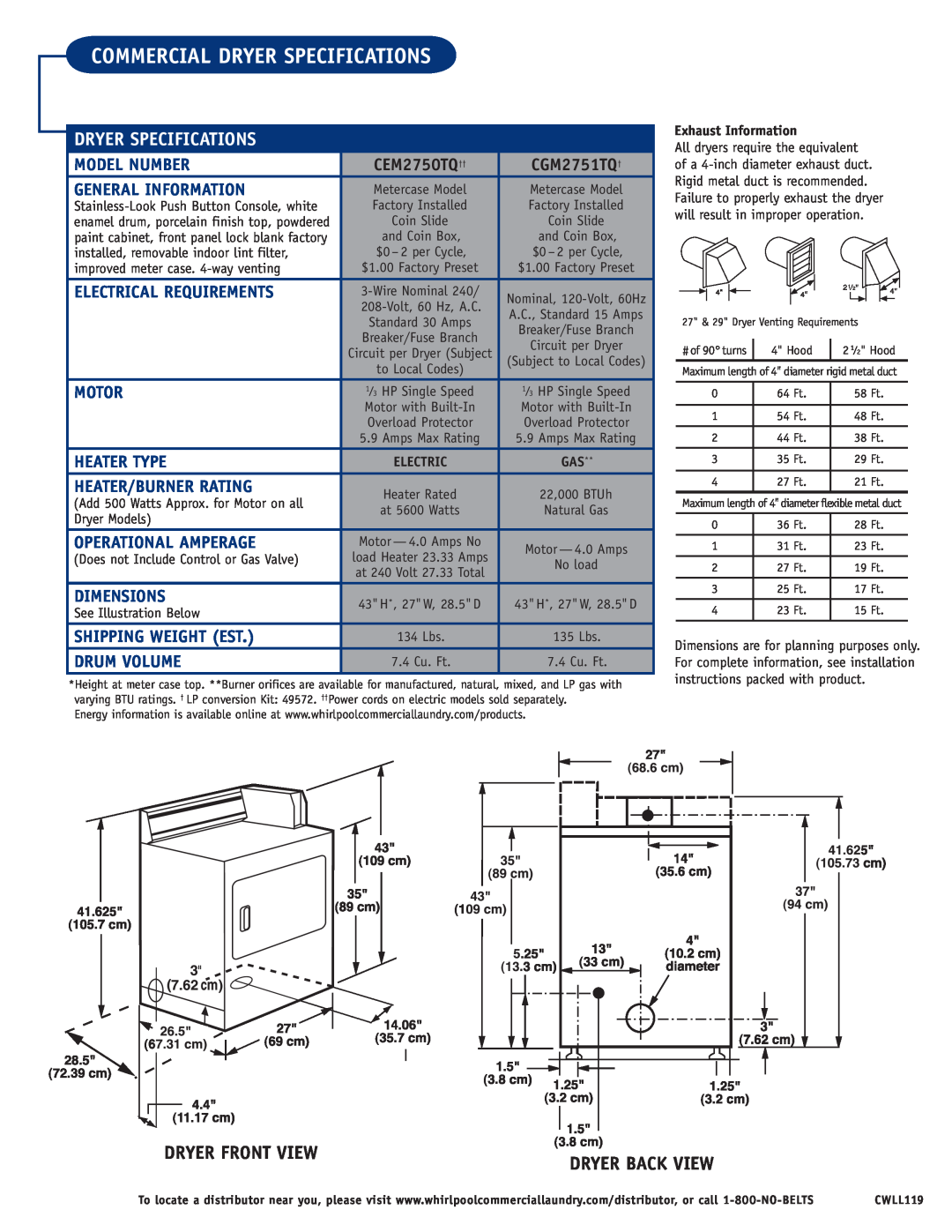 Whirlpool CEM2750TQ, CGM2751TQ warranty Commercial Dryer Specifications, Dryer Front View 