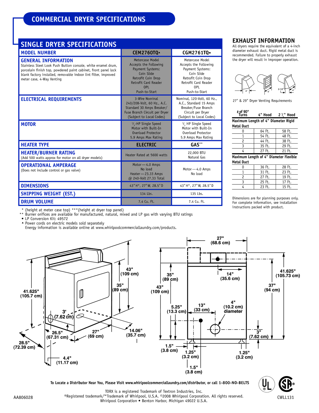 Whirlpool CEM2760TQ, CGM2761TQ warranty Commercial Dryer Specifications 