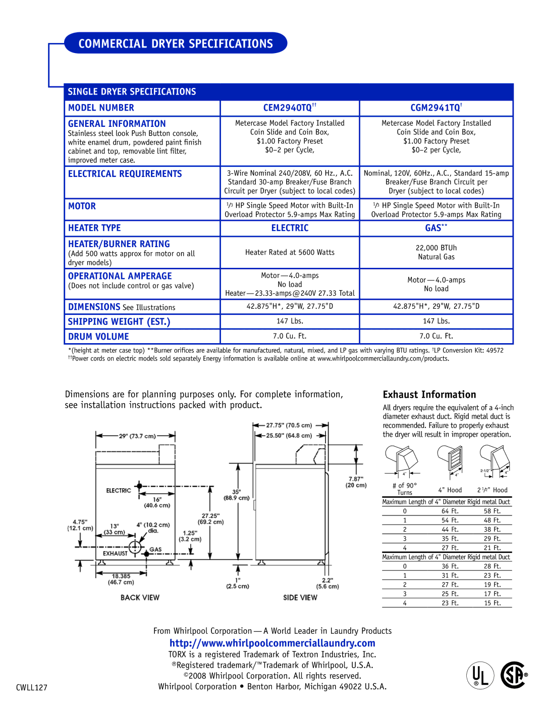 Whirlpool CEM2940TQ, CGM2941TQ warranty Commercial Dryer Specifications, Exhaust Information, Single Dryer Specifications 