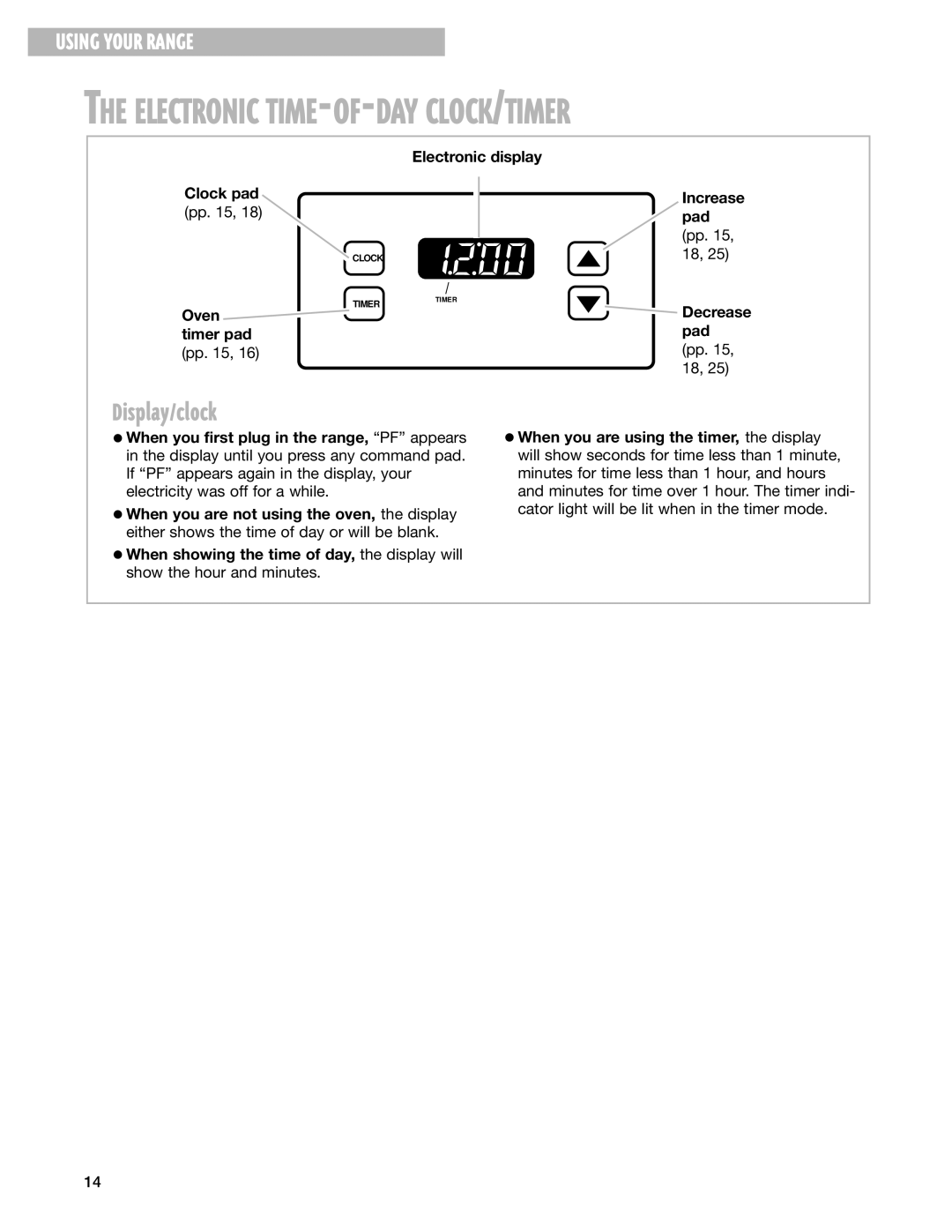 Whirlpool CES366H Display/clock, Electronic display Clock pad, Oven timer pad Increase pad pp , 18 Decrease pad pp , 18 