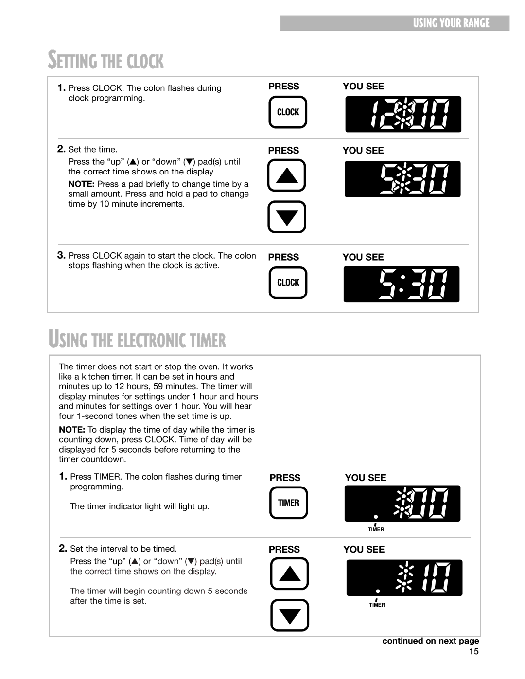 Whirlpool CES365H, CES366H warranty Setting the Clock, Using the Electronic Timer 