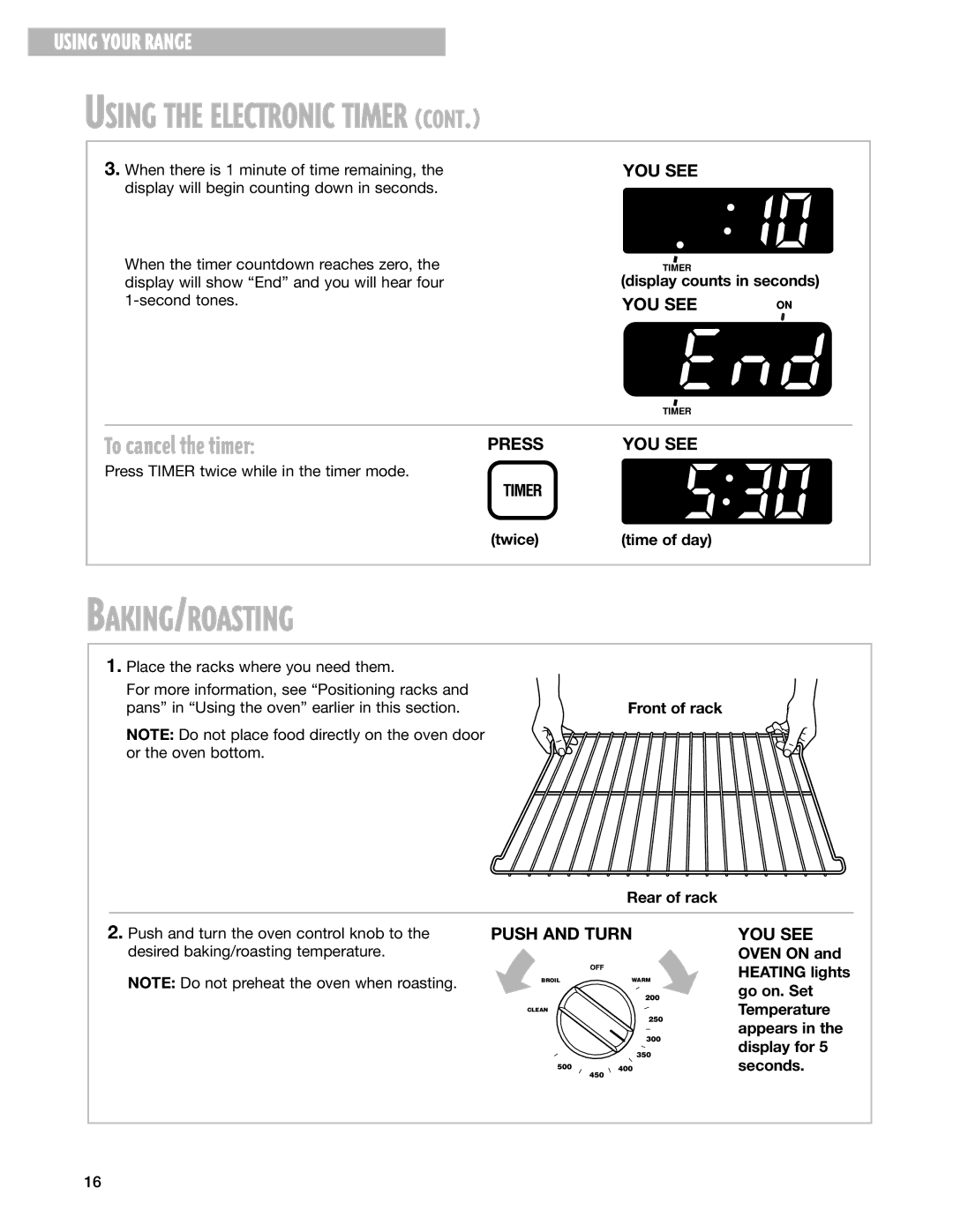 Whirlpool CES366H, CES365H warranty Baking/Roasting, To cancel the timer 