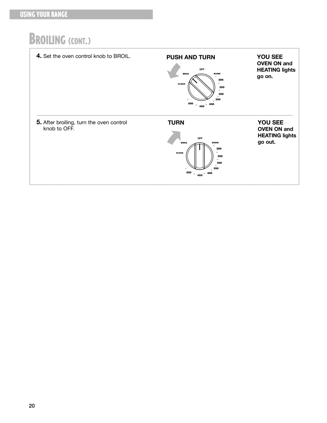 Whirlpool CES366H, CES365H Set the oven control knob to Broil, Go on, After broiling, turn the oven control, Knob to OFF 