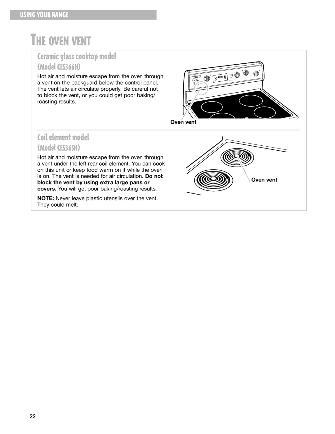 Whirlpool CES366H, CES365H warranty Oven Vent, Ceramic glass cooktop model, Coil element model, Oven vent 