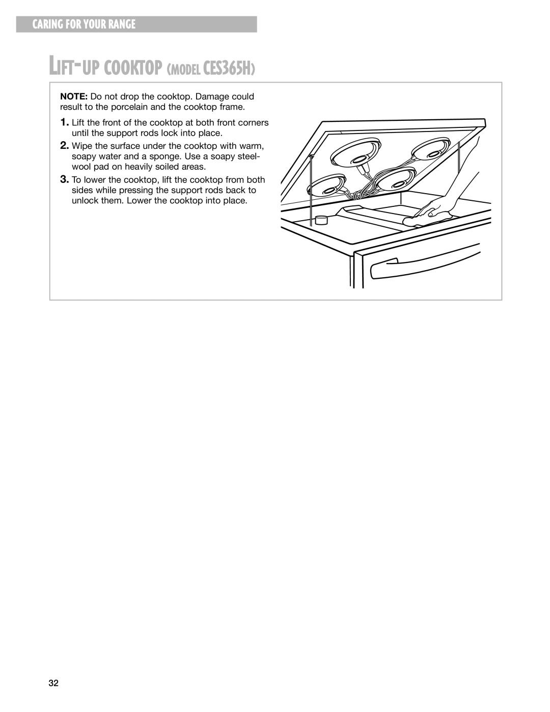 Whirlpool CES366H warranty LIFT-UP Cooktop Model CES365H 