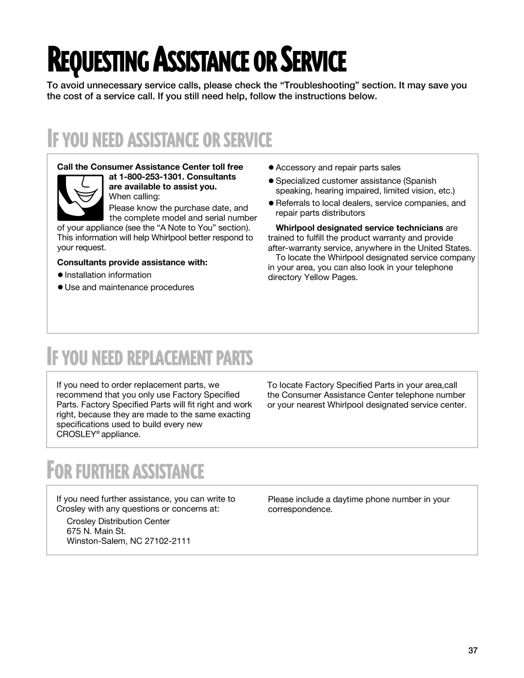 Whirlpool CES365H, CES366H warranty Requesting Assistance or Service, Consultants provide assistance with 