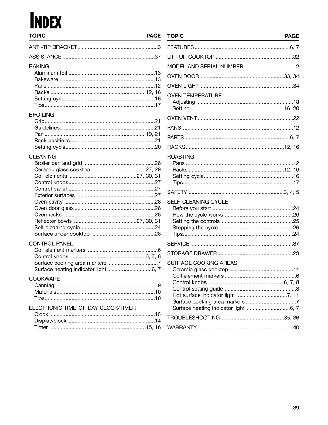 Whirlpool CES365H, CES366H warranty Index, Topic 