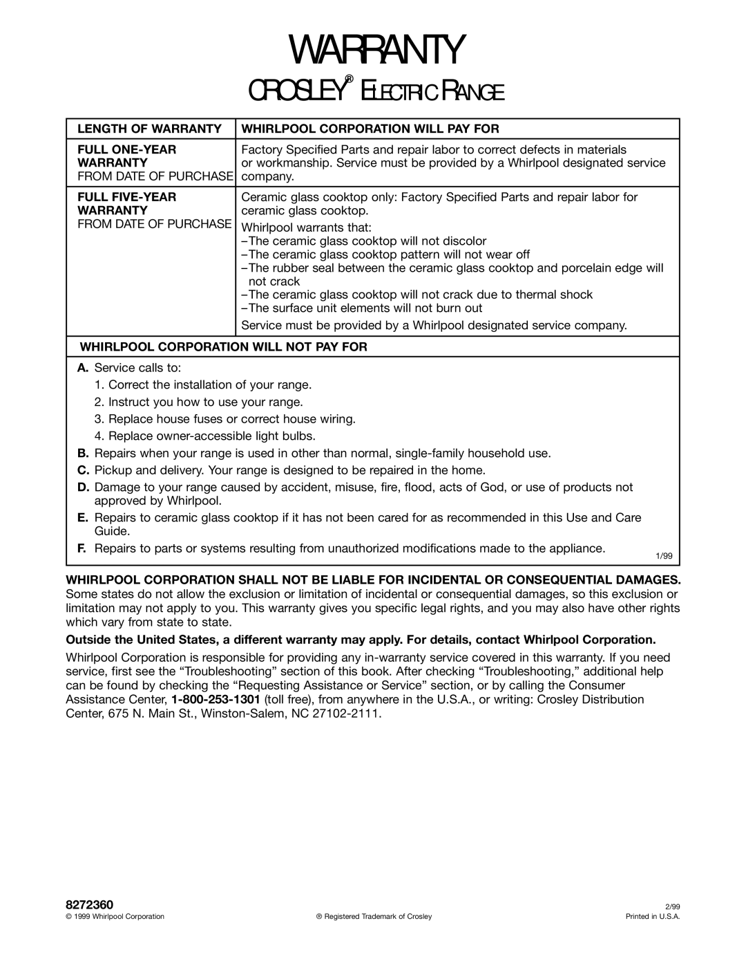 Whirlpool CES366H, CES365H warranty Warranty, Full FIVE-YEAR, Whirlpool Corporation will not PAY for 