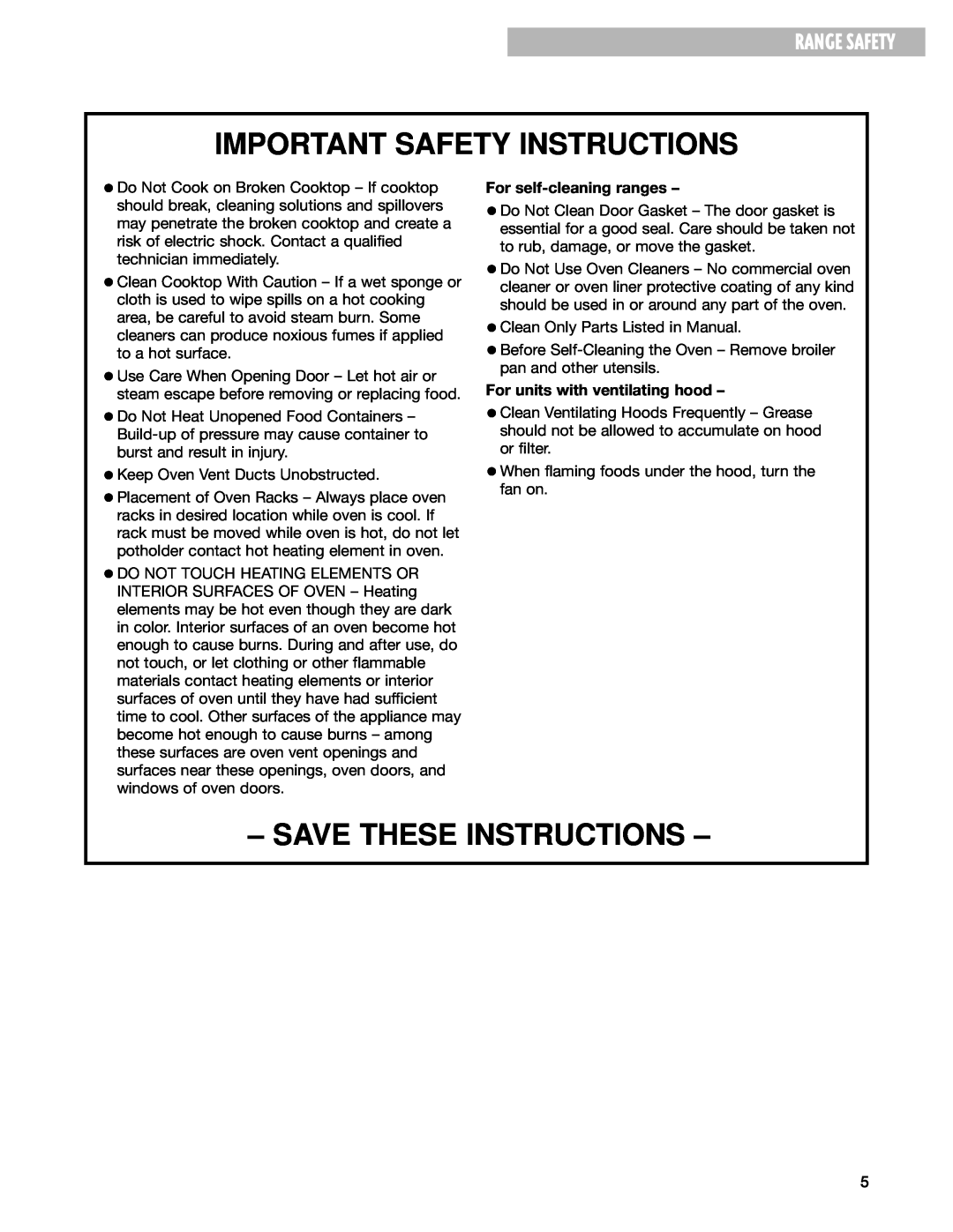 Whirlpool CES365H, CES366H Important Safety Instructions, Save These Instructions, Range Safety, For self-cleaning ranges 
