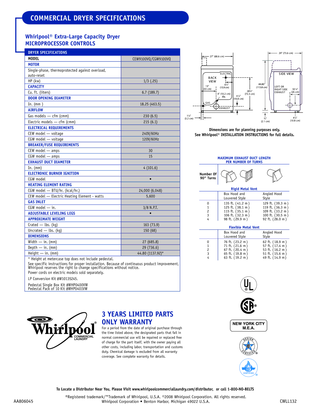 Whirlpool CEW9100VQ, CGW9100VQ warranty Commercial Dryer Specifications 