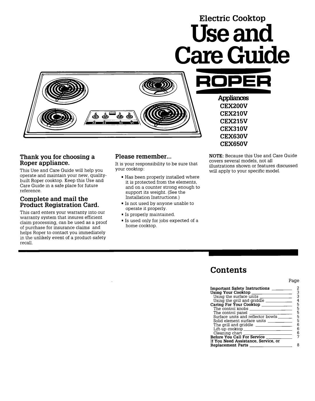 Whirlpool CEX210V, CEX650V, CEX310V, CEX200V, CEX215V, CEX630V warranty Electric Cooktop, Contents 