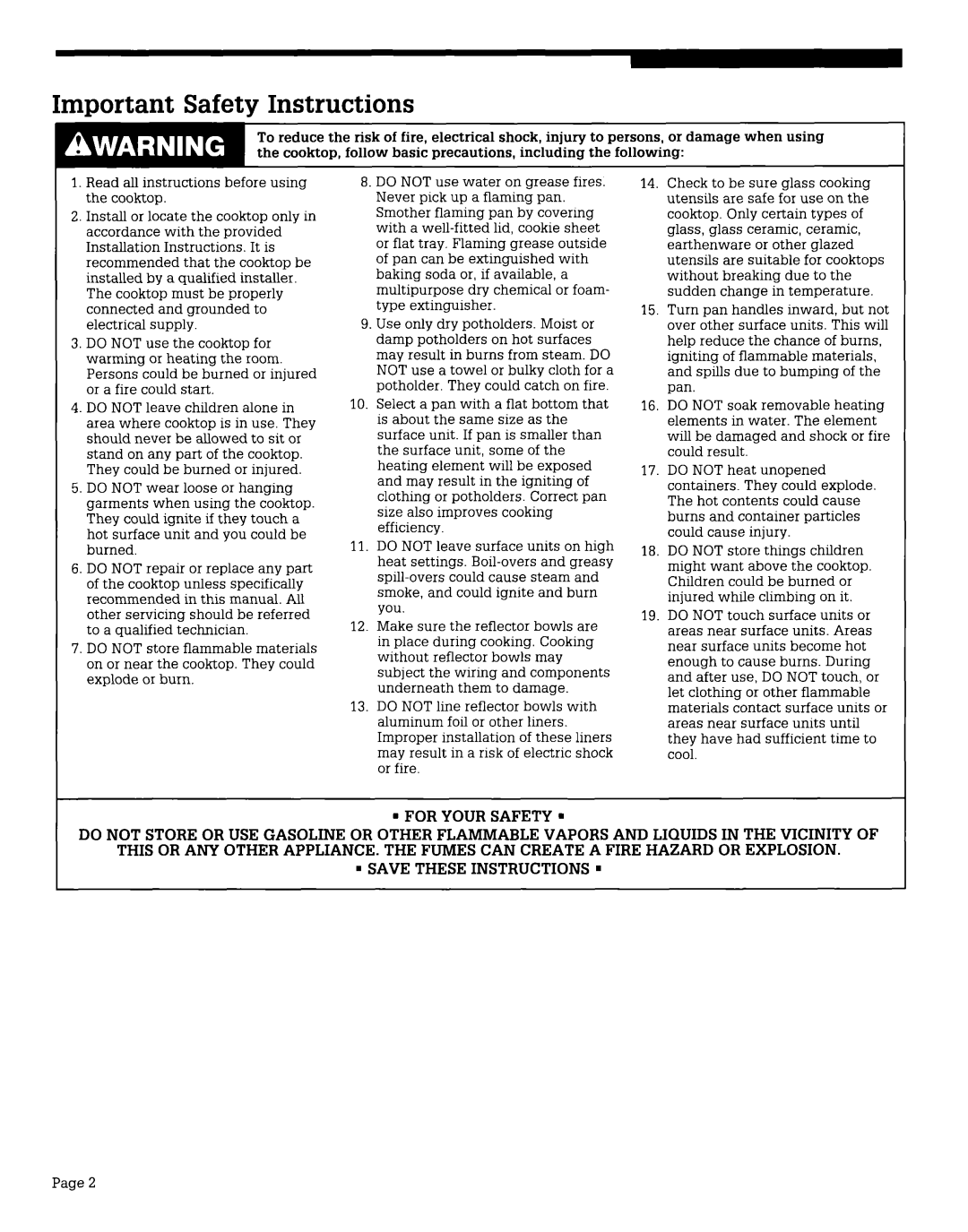 Whirlpool CEX310V, CEX650V, CEX210V, CEX200V, CEX215V, CEX630V warranty Important Safety Instructions 