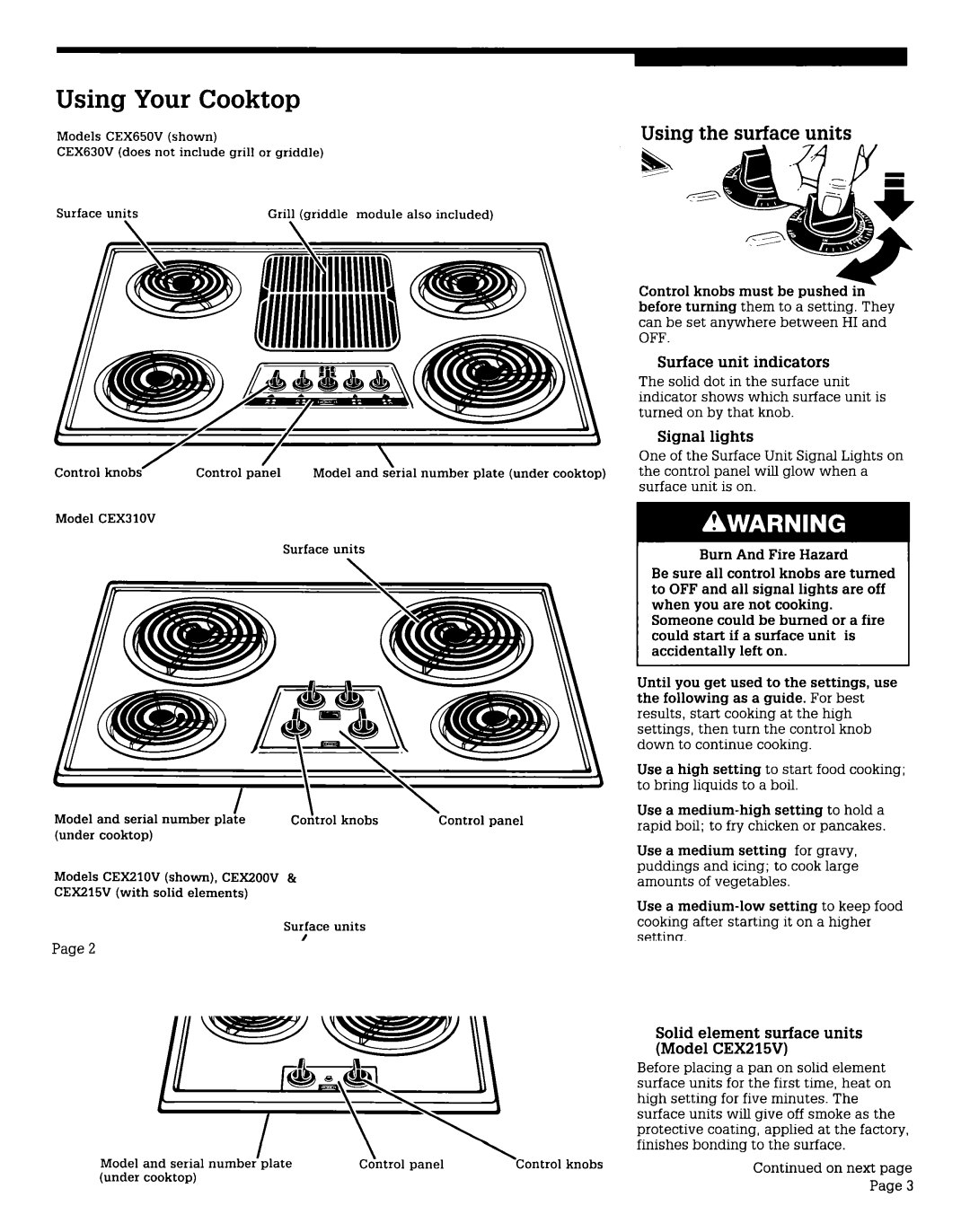 Whirlpool CEX200V, CEX650V, CEX210V, CEX310V, CEX215V, CEX630V warranty Using Your Cooktop, Using the surface units 